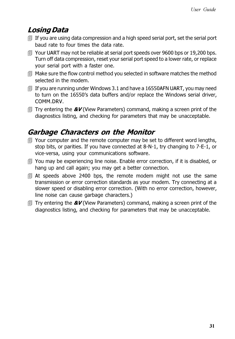 Losing data, Garbage characters on the monitor | Multitech V.90/K56FLEX MT5600ZDXV User Manual | Page 31 / 98