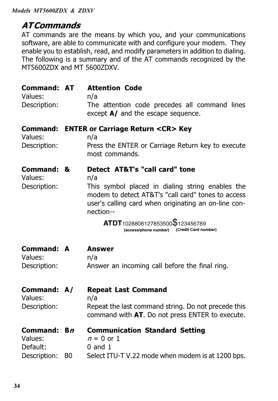 At commands | Multitech V.90/K56FLEX MT5600ZDXV User Manual | Page 34 / 98