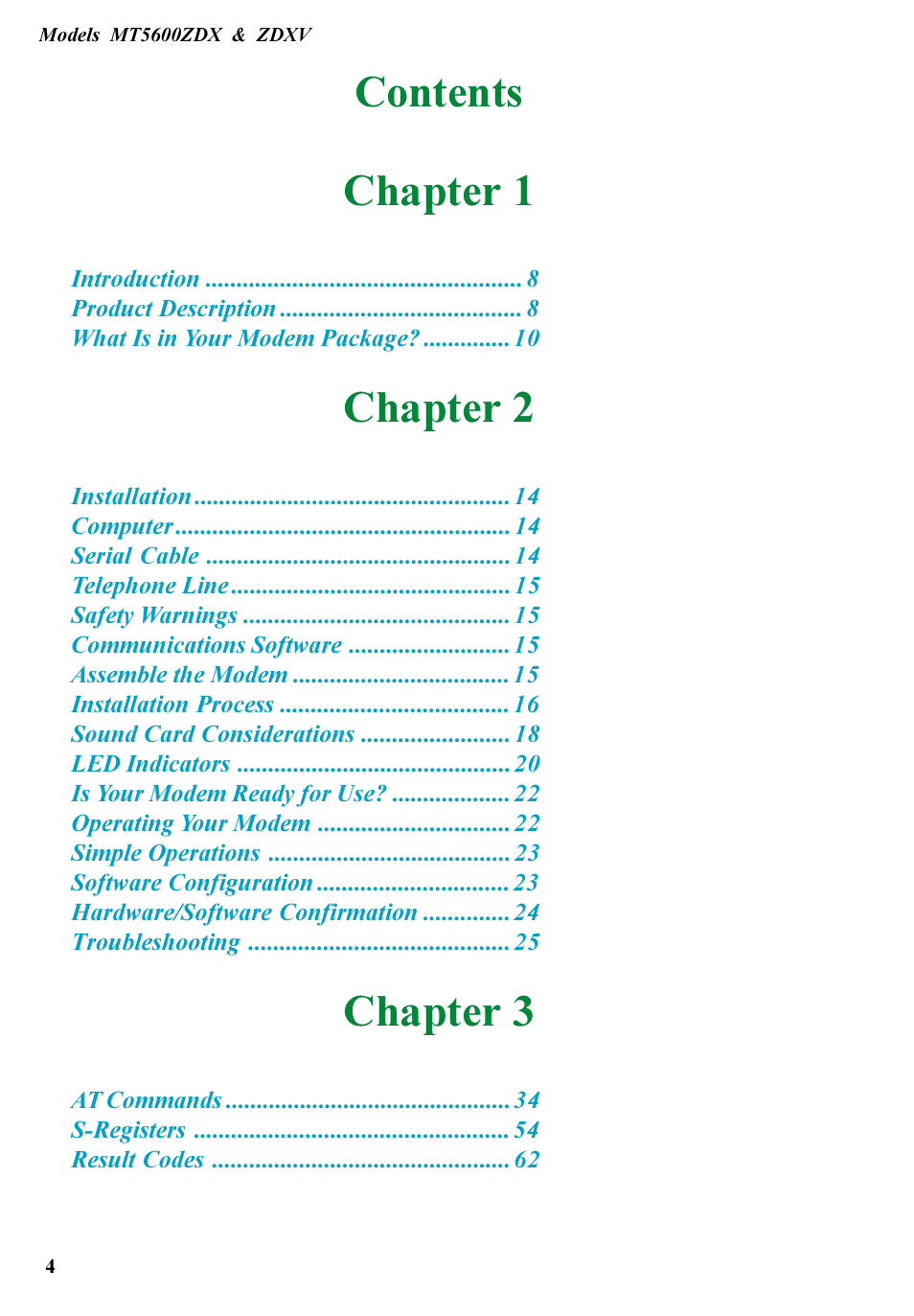 Contents chapter 1, Chapter 2, Chapter 3 | Multitech V.90/K56FLEX MT5600ZDXV User Manual | Page 4 / 98