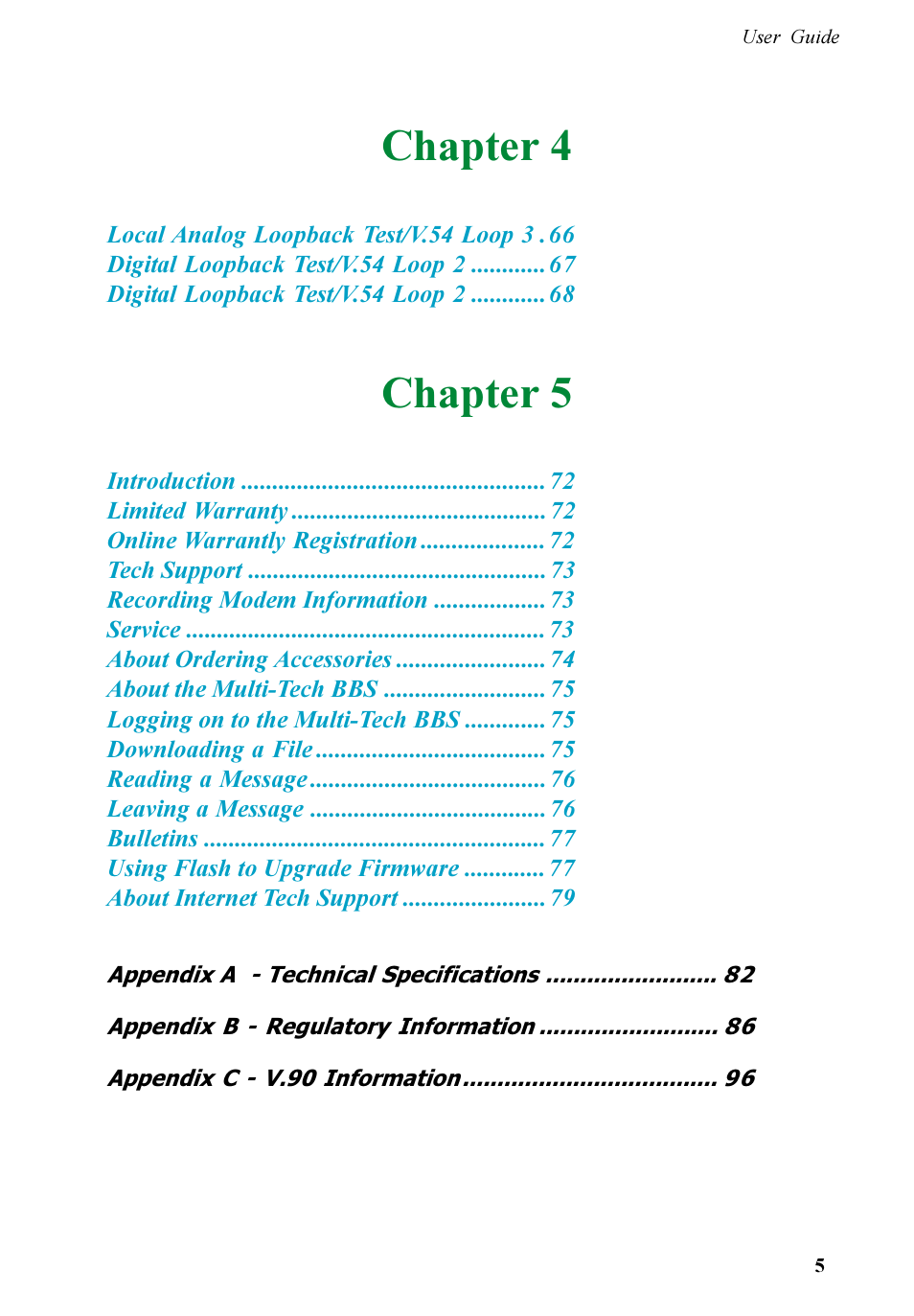 Chapter 4, Chapter 5 | Multitech V.90/K56FLEX MT5600ZDXV User Manual | Page 5 / 98