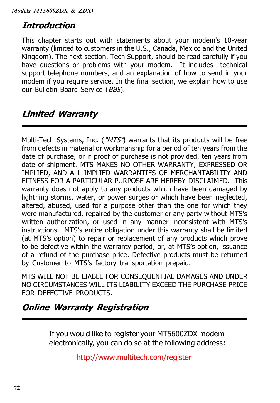 Introduction, Limited warranty, Online warranty registration | Multitech V.90/K56FLEX MT5600ZDXV User Manual | Page 72 / 98
