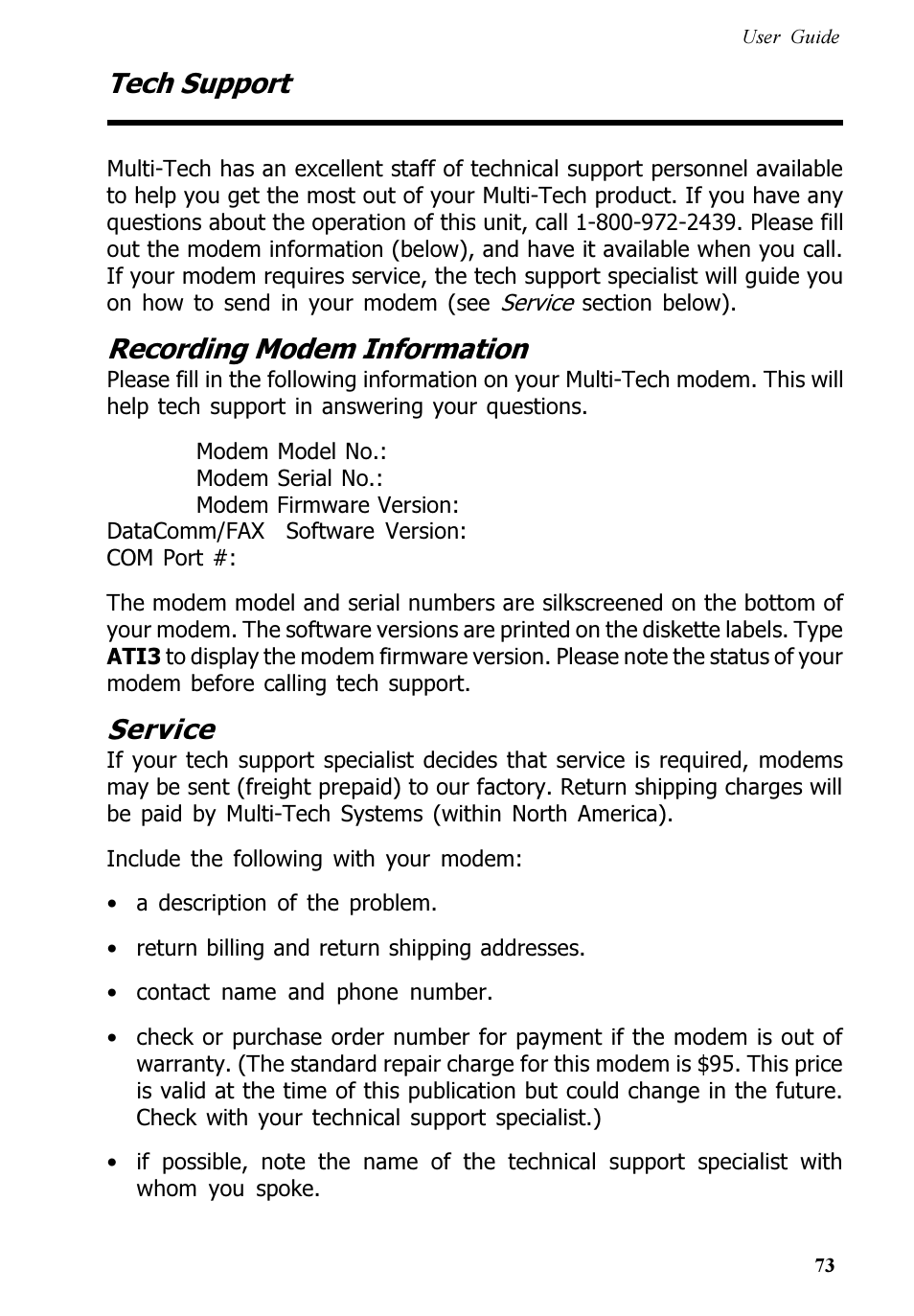 Tech support, Recording modem information, Service | Multitech V.90/K56FLEX MT5600ZDXV User Manual | Page 73 / 98
