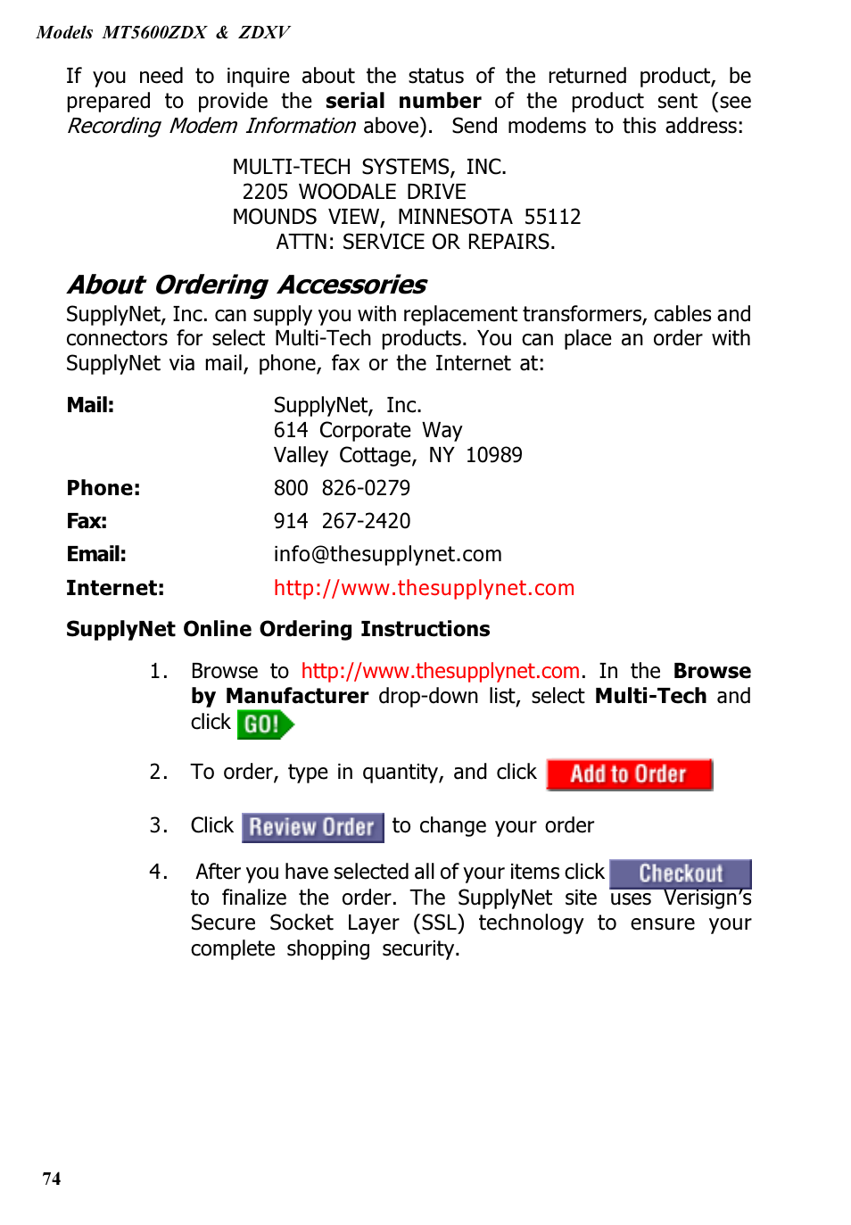 About ordering accessories | Multitech V.90/K56FLEX MT5600ZDXV User Manual | Page 74 / 98