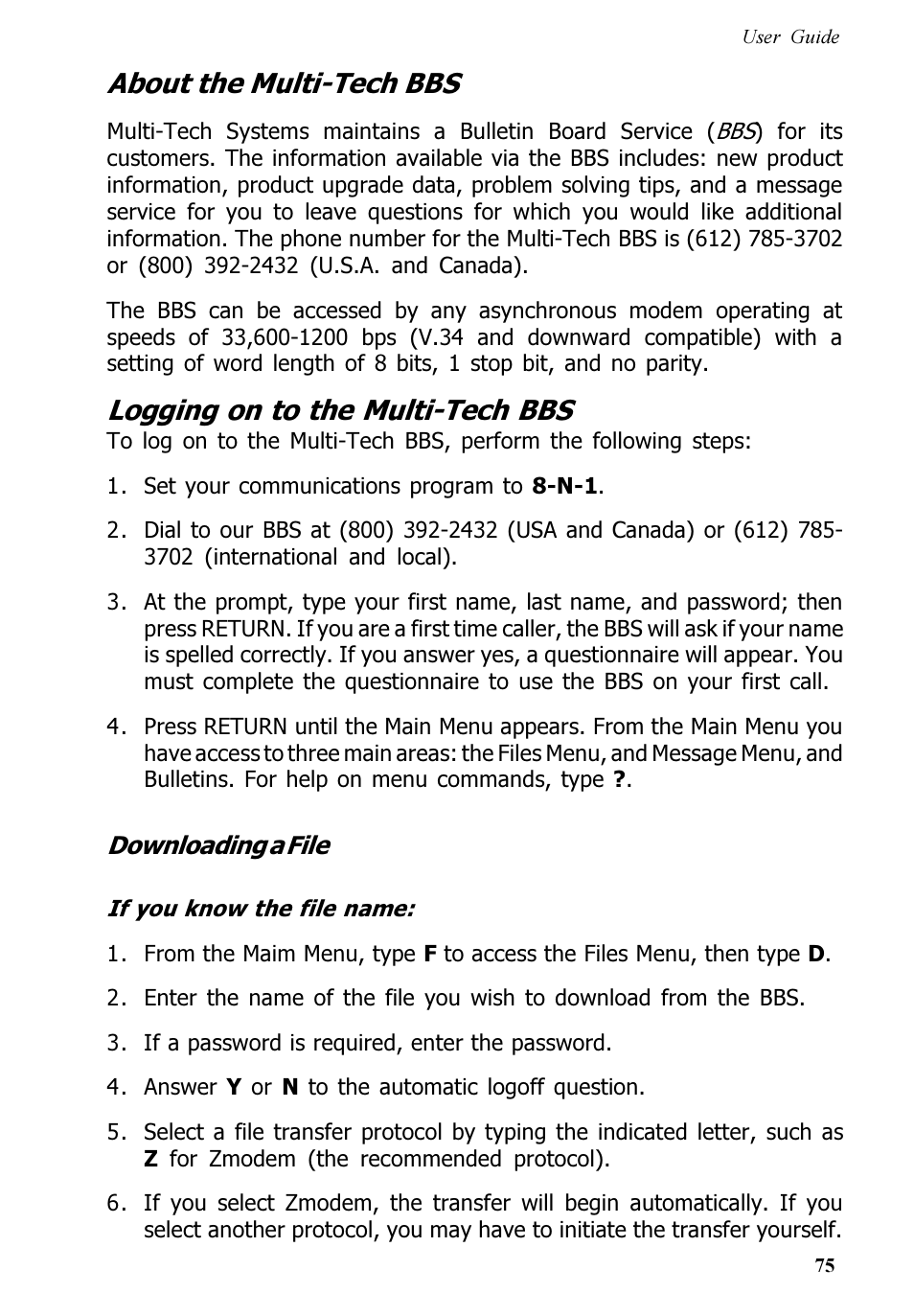 About the multi-tech bbs, Logging on to the multi-tech bbs | Multitech V.90/K56FLEX MT5600ZDXV User Manual | Page 75 / 98