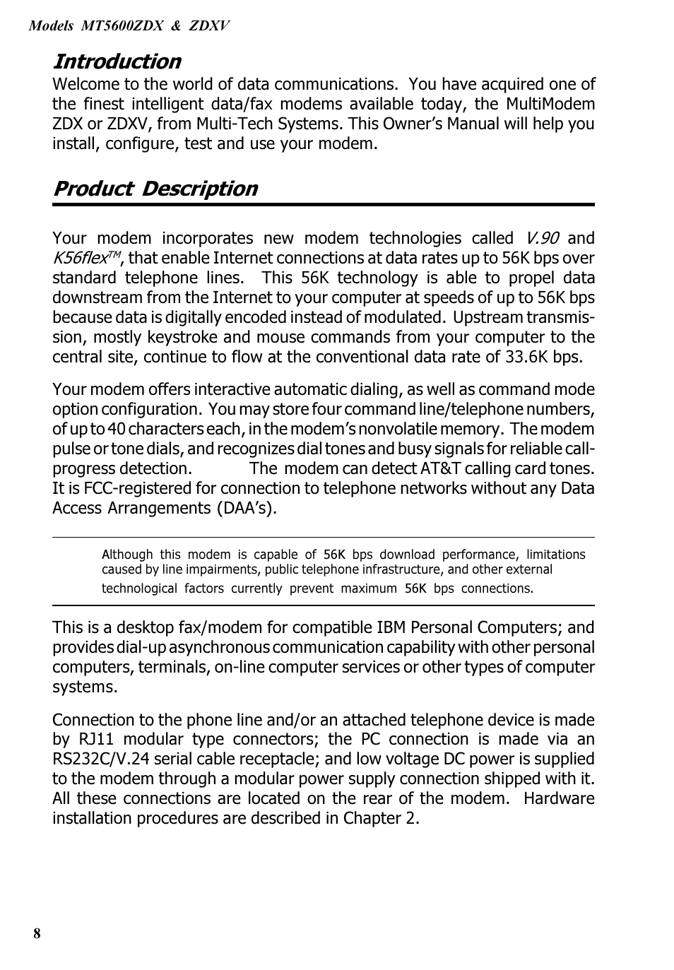 Introduction, Product description | Multitech V.90/K56FLEX MT5600ZDXV User Manual | Page 8 / 98