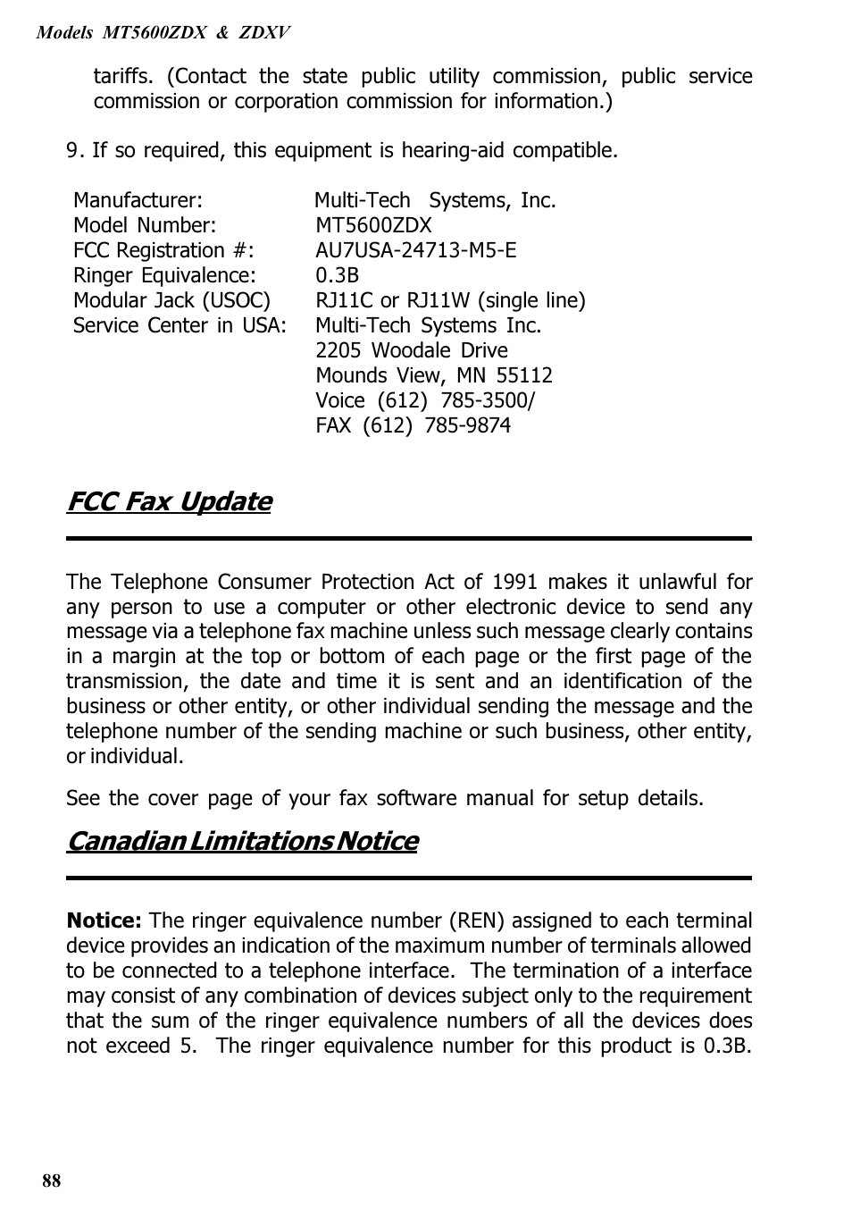 Fcc fax update, Canadian limitations notice | Multitech V.90/K56FLEX MT5600ZDXV User Manual | Page 88 / 98