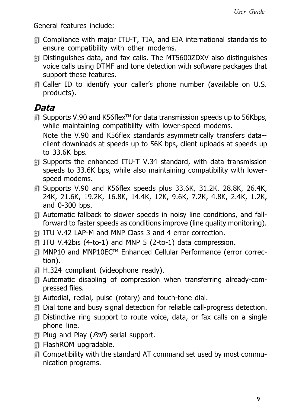 Data | Multitech V.90/K56FLEX MT5600ZDXV User Manual | Page 9 / 98