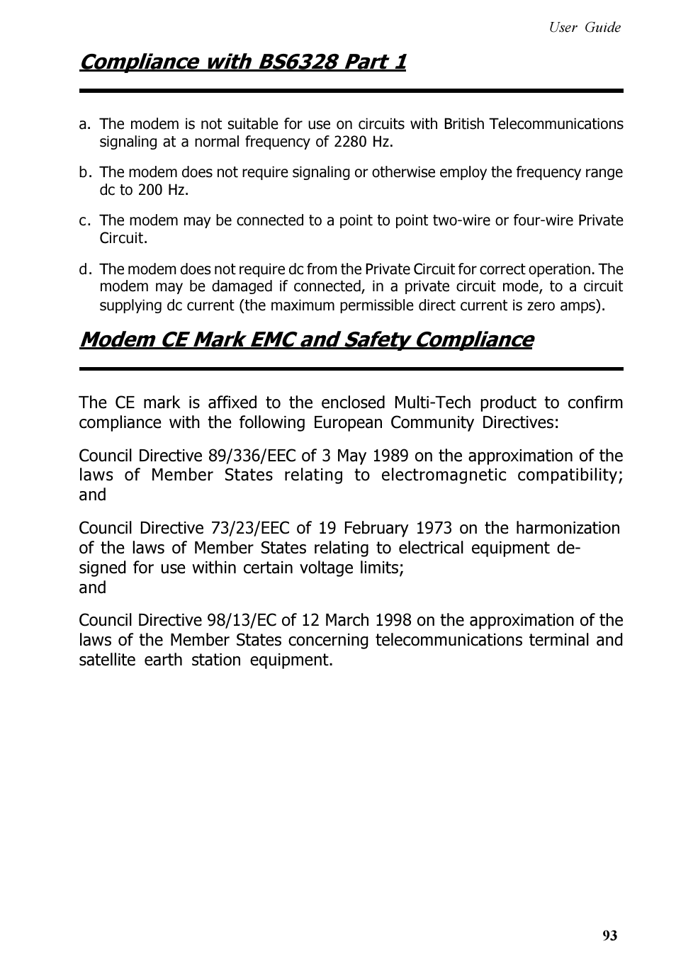 Modem ce mark emc and safety compliance | Multitech V.90/K56FLEX MT5600ZDXV User Manual | Page 93 / 98