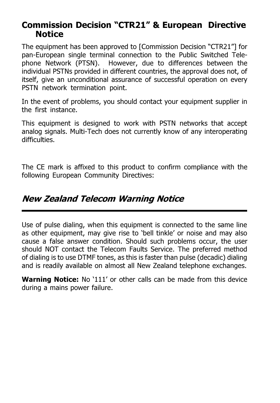 New zealand telecom warning notice | Multitech V.90/K56FLEX MT5600ZDXV User Manual | Page 94 / 98