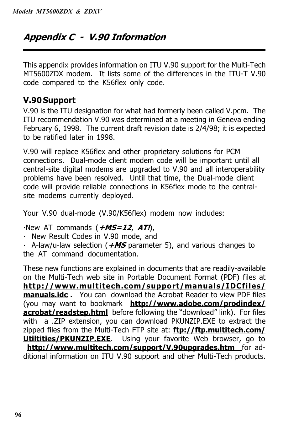 Appendix c - v.90 information | Multitech V.90/K56FLEX MT5600ZDXV User Manual | Page 96 / 98