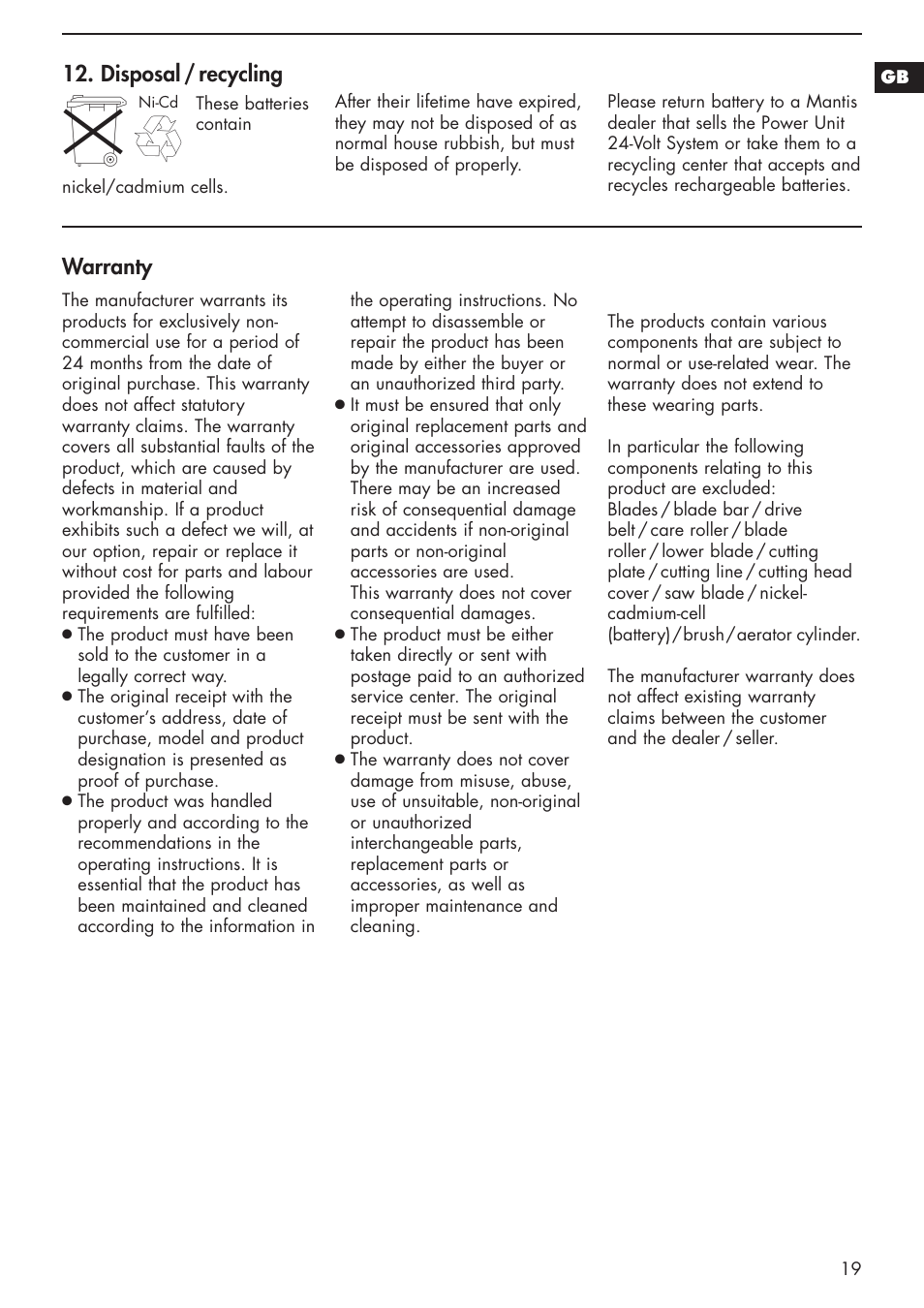 Warranty, Disposal / recycling | Mantis 811103 User Manual | Page 19 / 41