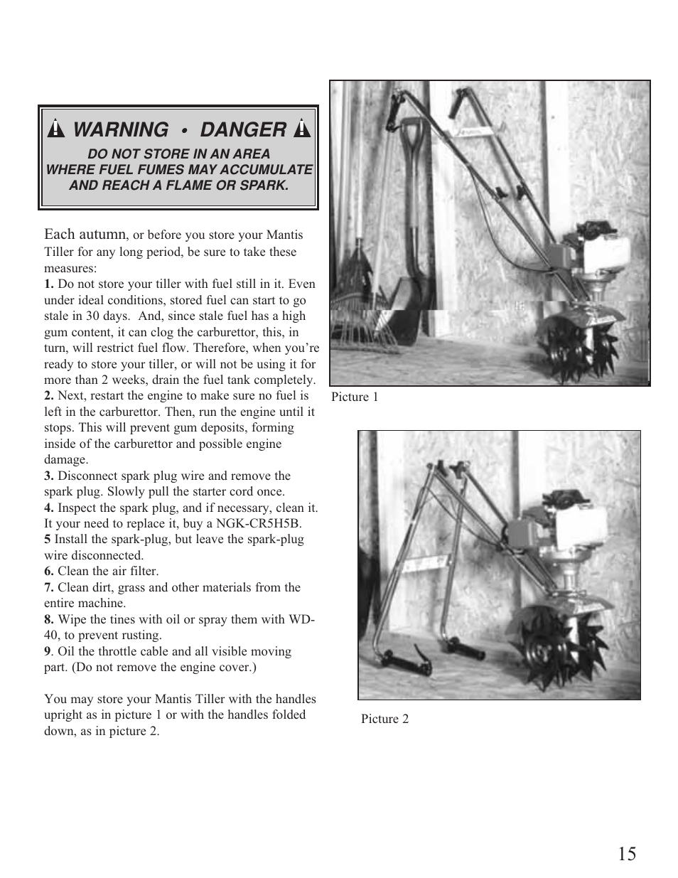 Storage, Warning • danger | Mantis Tiller/Cultivator User Manual | Page 15 / 20