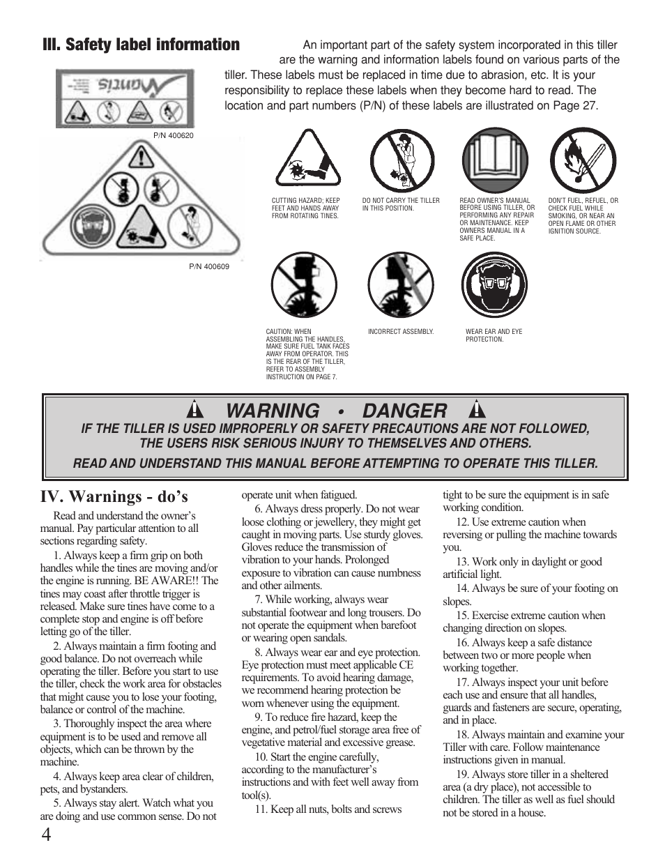 Warning • danger, Iii. safety label information, Iv. warnings - do’s | Mantis Tiller/Cultivator User Manual | Page 4 / 20