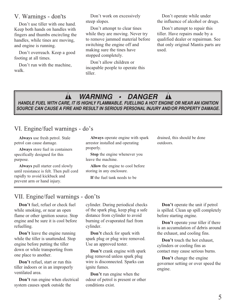 5warning • danger, V. warnings - don'ts | Mantis Tiller/Cultivator User Manual | Page 5 / 20