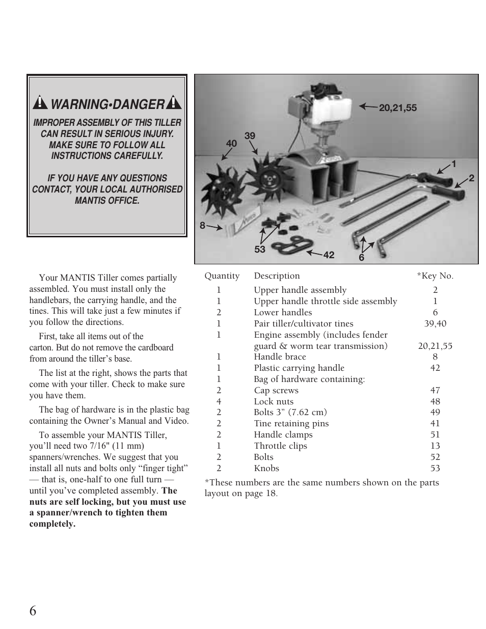 Assembly, Warning•danger | Mantis Tiller/Cultivator User Manual | Page 6 / 20