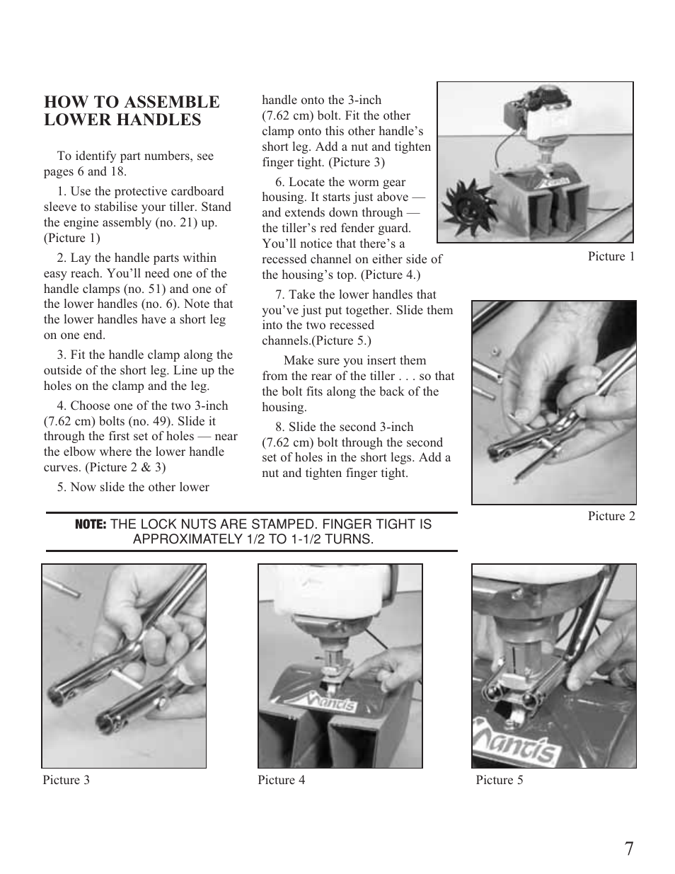 Assembly, How to assemble lower handles | Mantis Tiller/Cultivator User Manual | Page 7 / 20