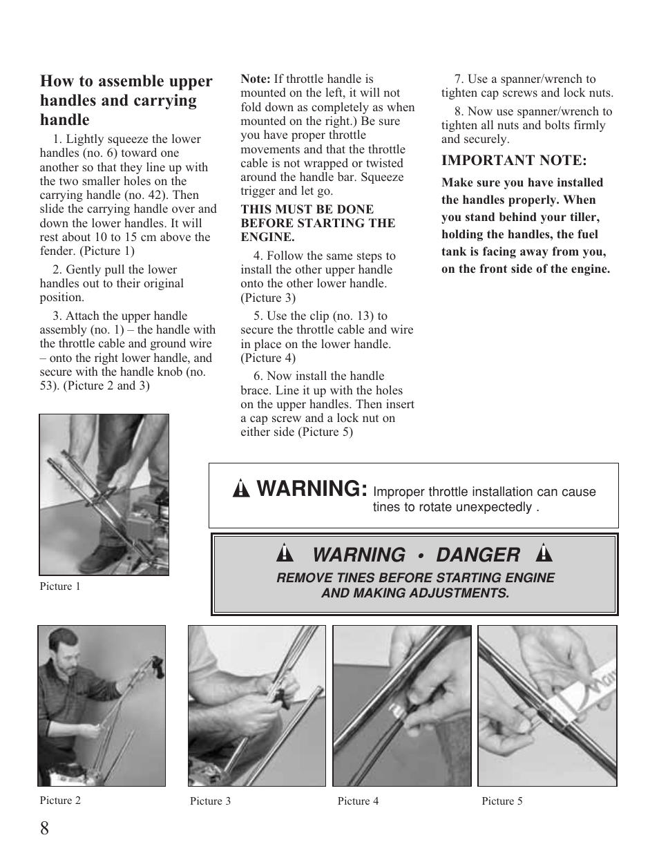 Assembly, Warning, Warning • danger | How to assemble upper handles and carrying handle | Mantis Tiller/Cultivator User Manual | Page 8 / 20