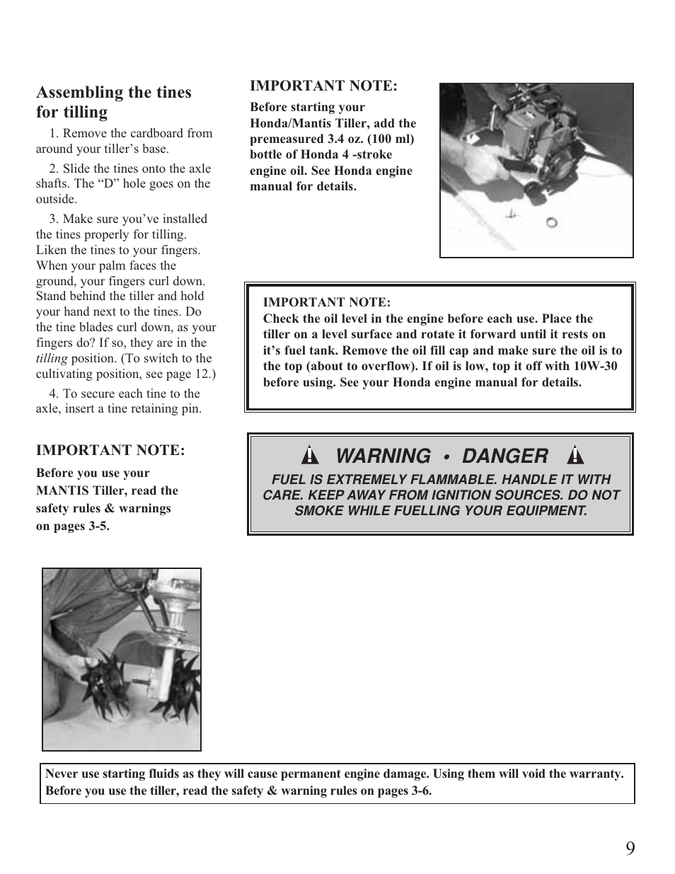 Assembly, Warning • danger | Mantis Tiller/Cultivator User Manual | Page 9 / 20