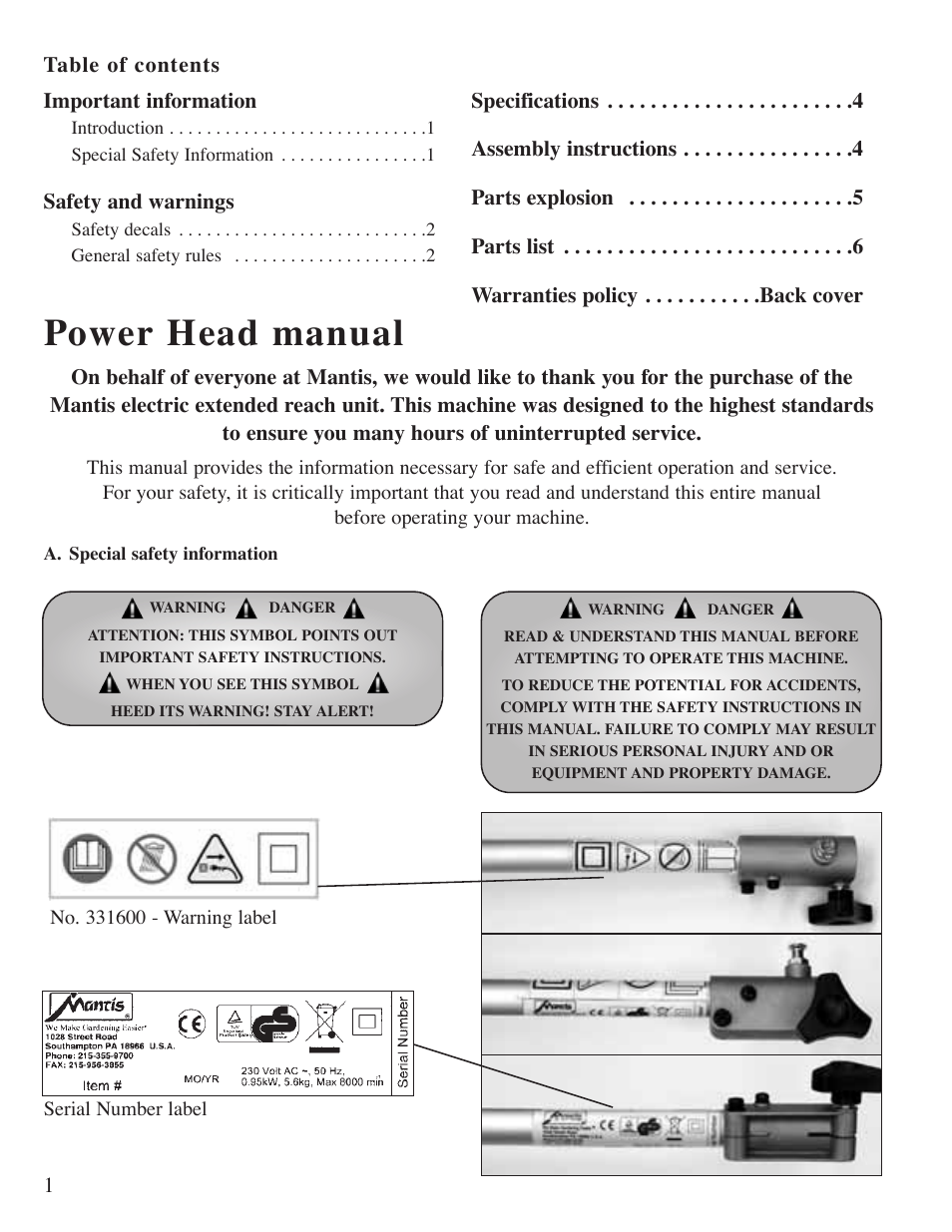 Power head manual | Mantis Power Head E System User Manual | Page 2 / 9