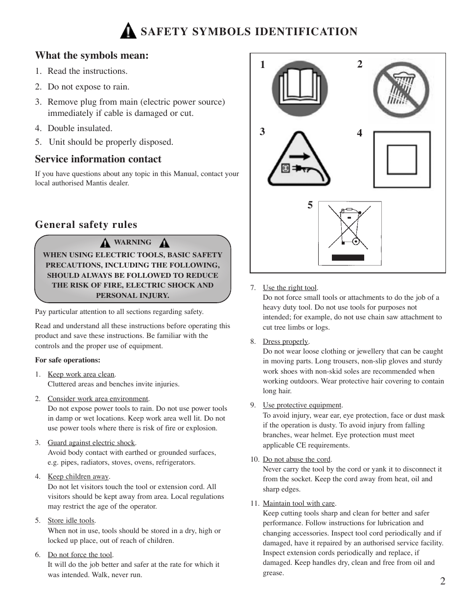Safety symbols identification, What the symbols mean, Service information contact | General safety rules | Mantis Power Head E System User Manual | Page 3 / 9