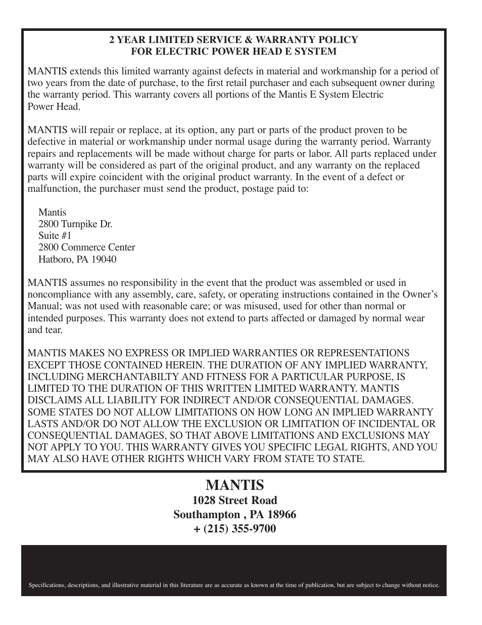 Mantis | Mantis Power Head E System User Manual | Page 8 / 9