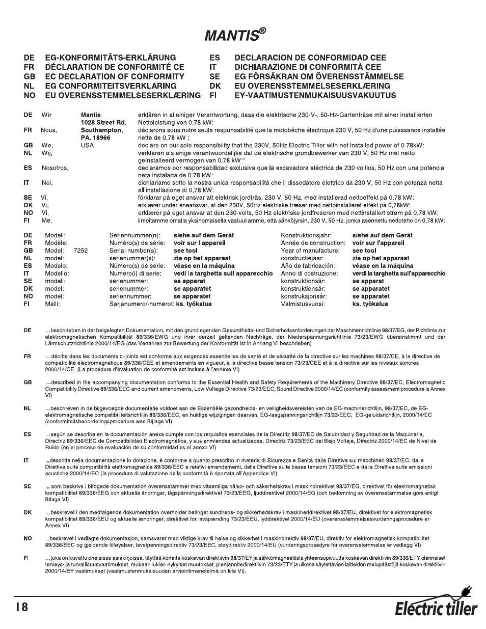 Electric tiller | Mantis 7252 User Manual | Page 20 / 24