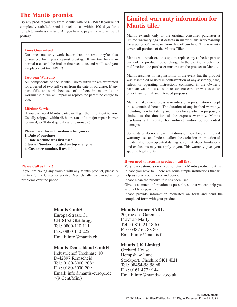 Limited warranty information for mantis tiller, The mantis promise | Mantis 7252 User Manual | Page 24 / 24