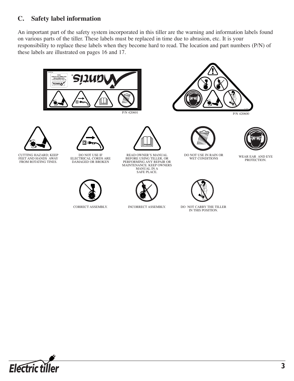 Electric tiller, C. safety label information | Mantis 7252 User Manual | Page 5 / 24