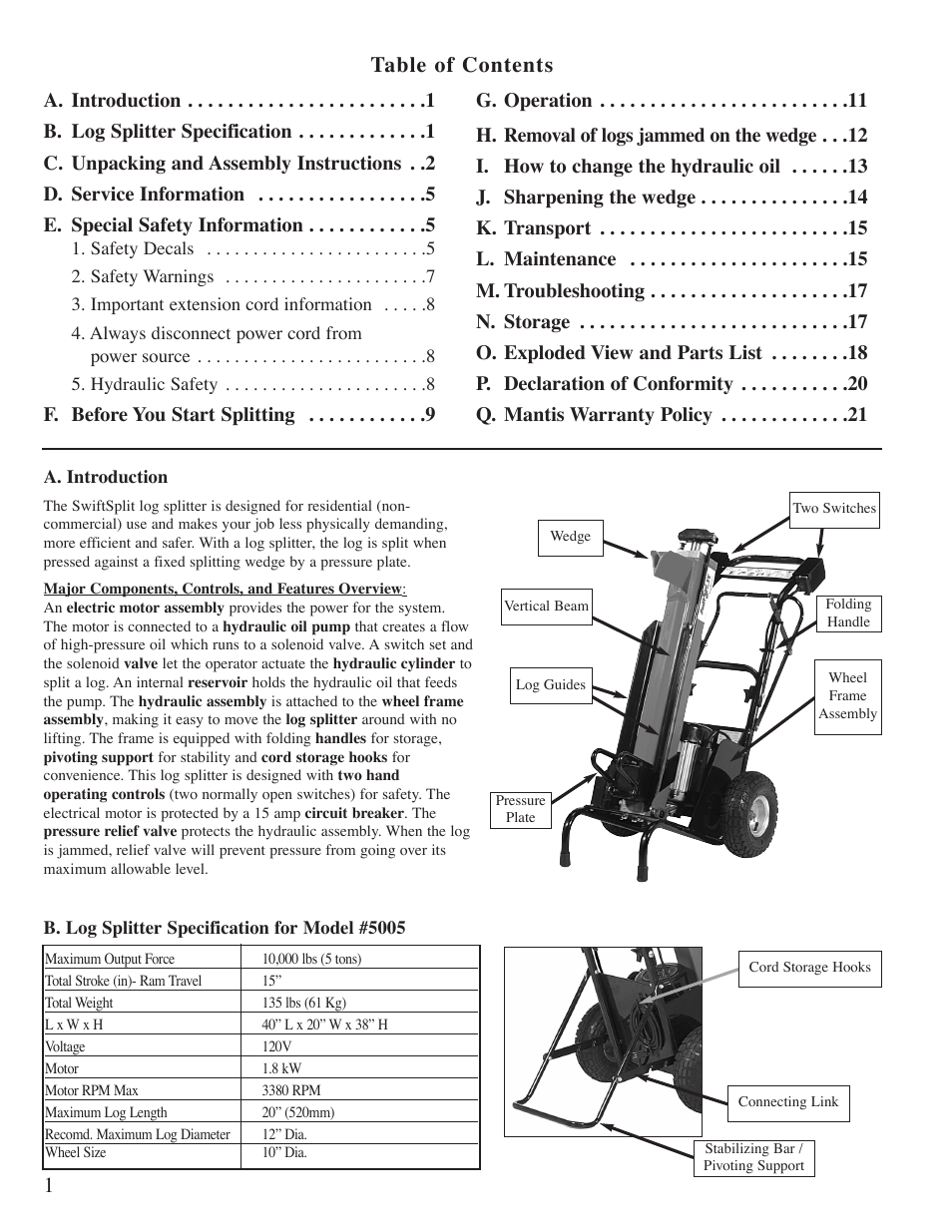 1table of contents | Mantis Swift Split User Manual | Page 2 / 21