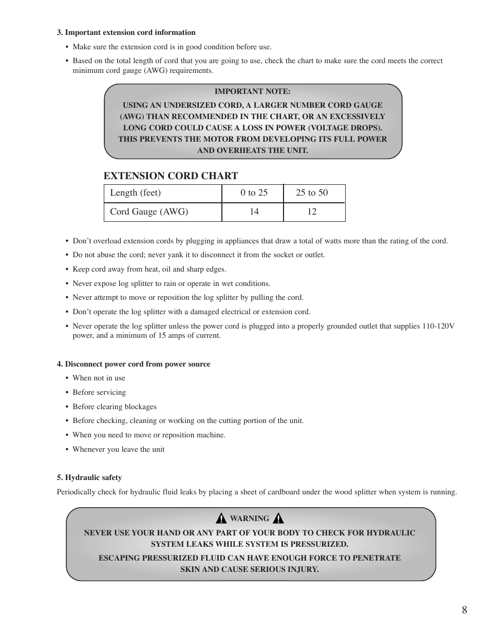 Extension cord chart | Mantis Swift Split User Manual | Page 9 / 21