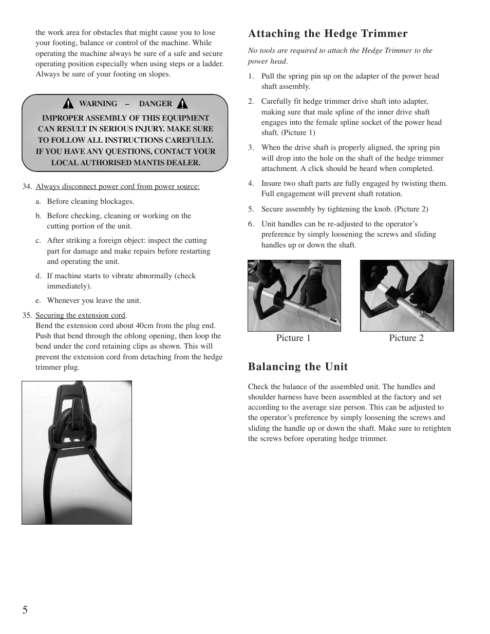 Attaching the hedge trimmer balancing the unit | Mantis Hedge Trimmer E System User Manual | Page 6 / 13