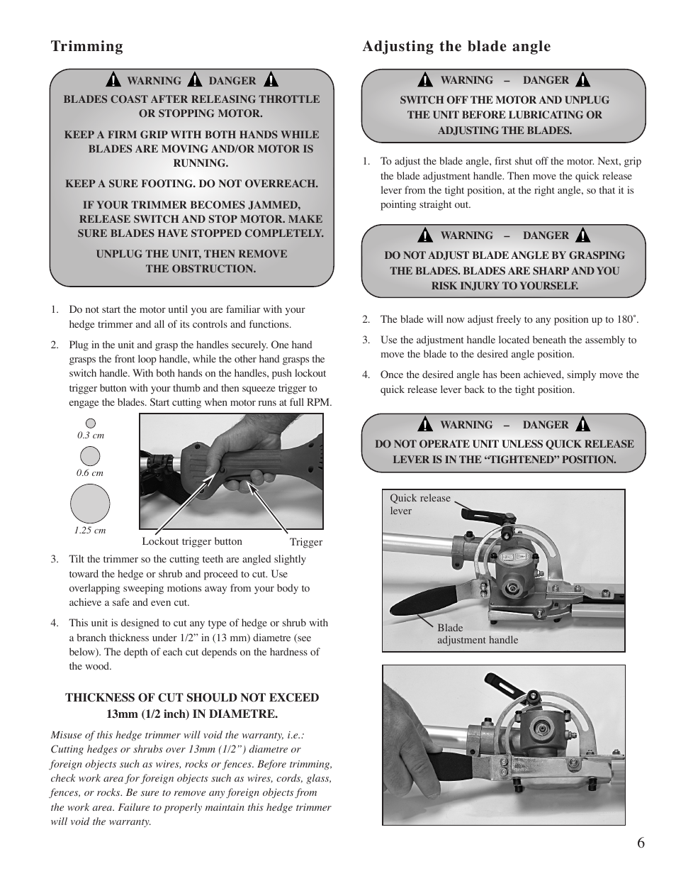 Trimming adjusting the blade angle | Mantis Hedge Trimmer E System User Manual | Page 7 / 13