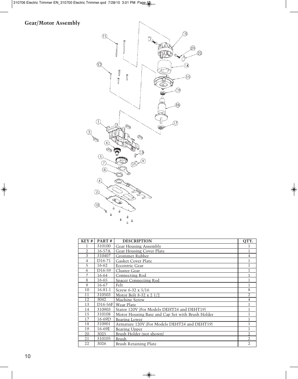 Gear/motor assembly 10 | Mantis DOUBLE EDGED DEHT19 User Manual | Page 10 / 12