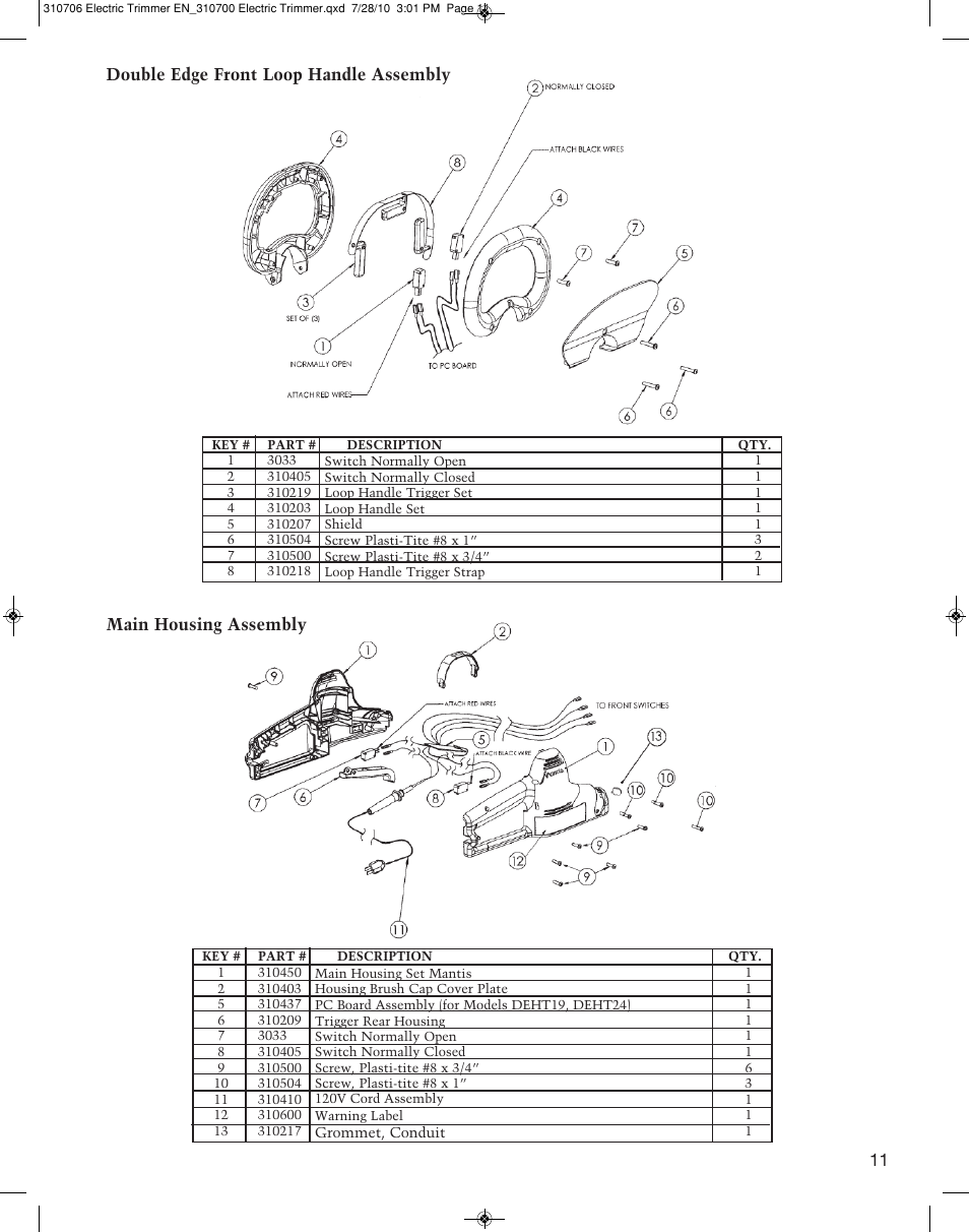 Double edge front loop handle assembly 11, Main housing assembly | Mantis DOUBLE EDGED DEHT19 User Manual | Page 11 / 12