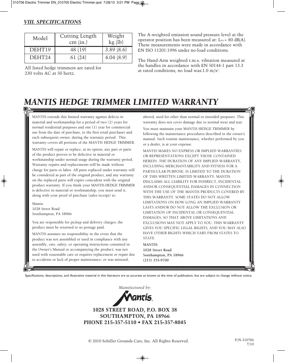 Mantis hedge trimmer limited warranty | Mantis DOUBLE EDGED DEHT19 User Manual | Page 12 / 12