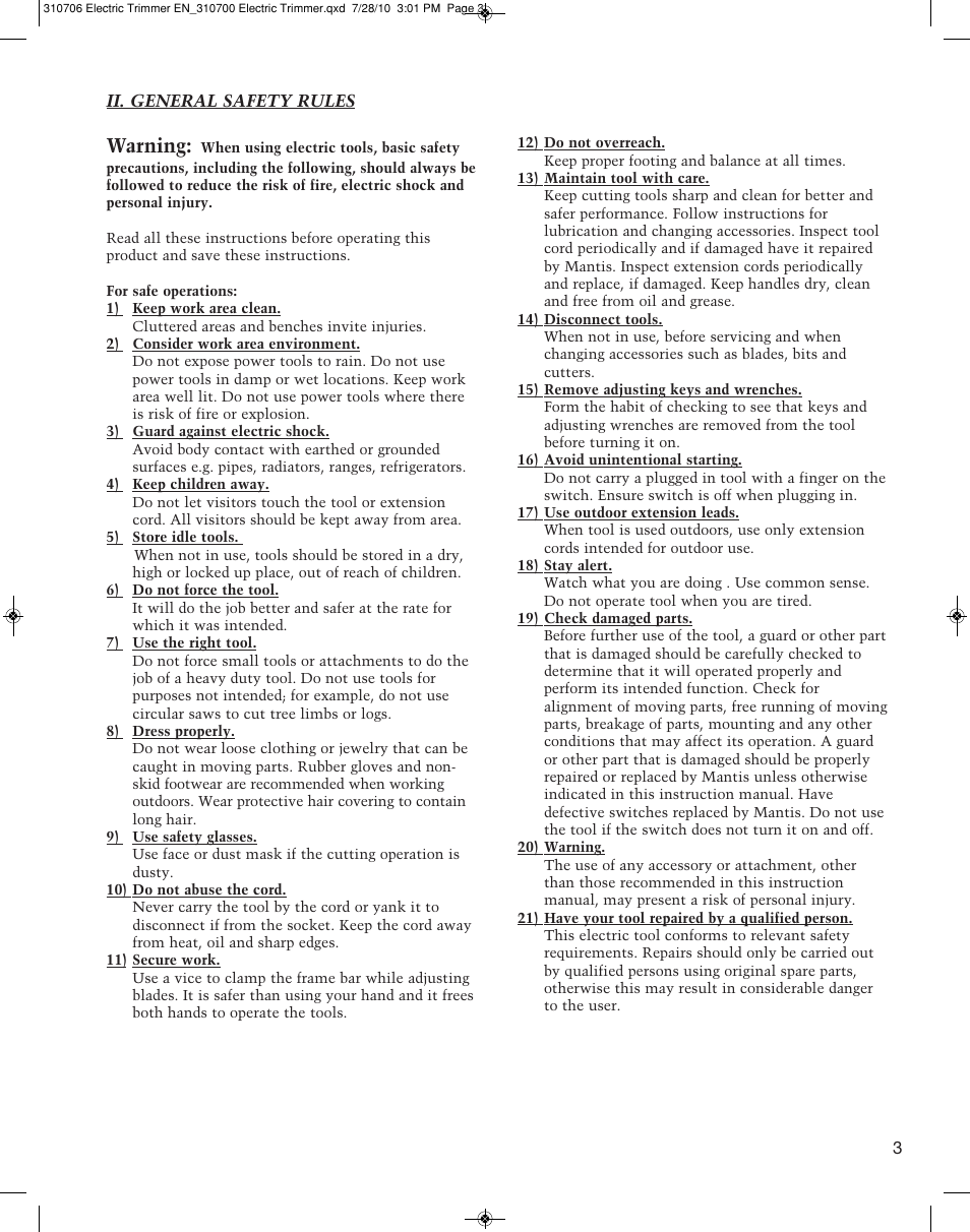 Warning | Mantis DOUBLE EDGED DEHT19 User Manual | Page 3 / 12