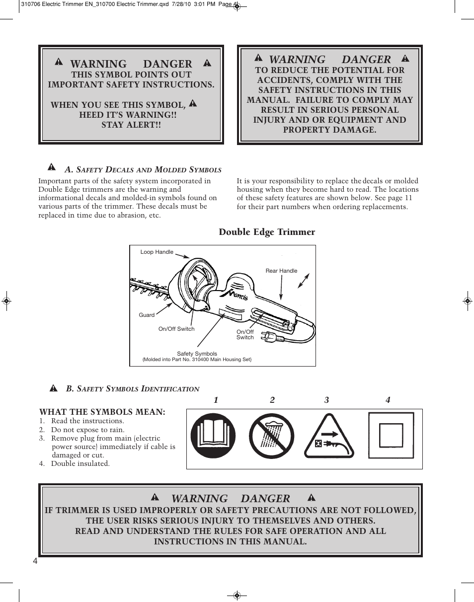 Warning danger, Double edge trimmer | Mantis DOUBLE EDGED DEHT19 User Manual | Page 4 / 12