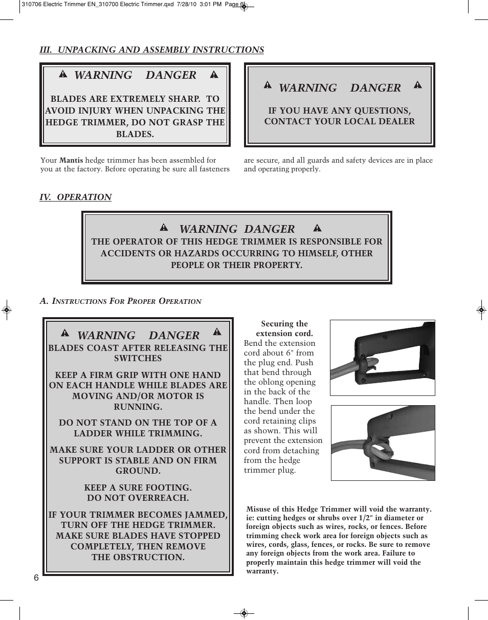 Warning danger | Mantis DOUBLE EDGED DEHT19 User Manual | Page 6 / 12