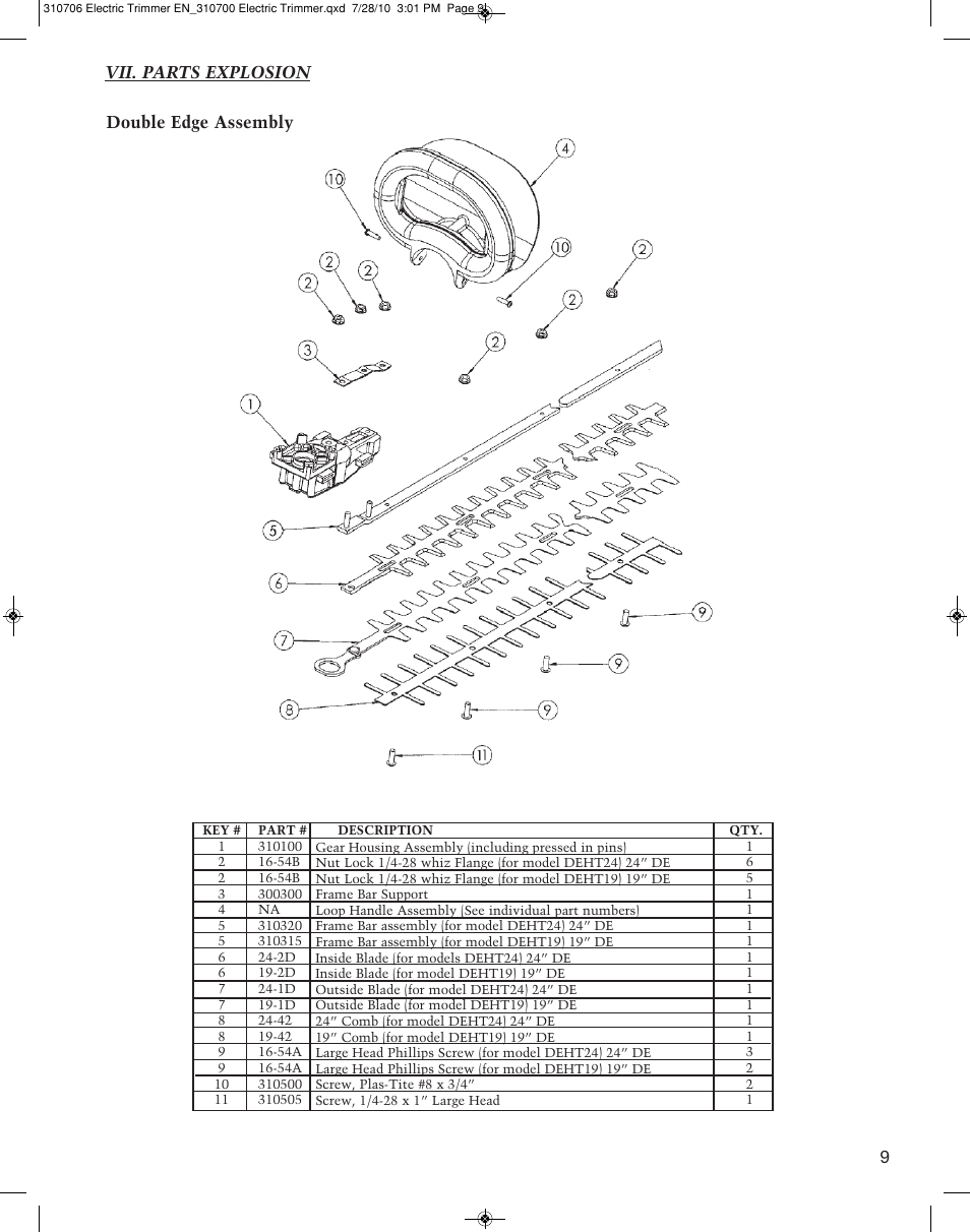 Double edge assembly 9, Vii. parts explosion | Mantis DOUBLE EDGED DEHT19 User Manual | Page 9 / 12