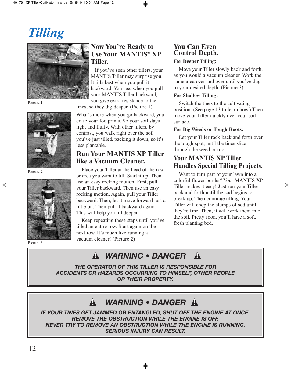 Tilling, Warning • danger | Mantis CULTIVATOR 401764 XP User Manual | Page 12 / 20