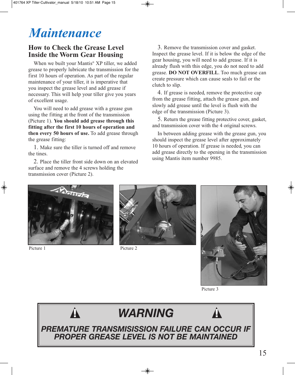 Maintenance, Warning | Mantis CULTIVATOR 401764 XP User Manual | Page 15 / 20