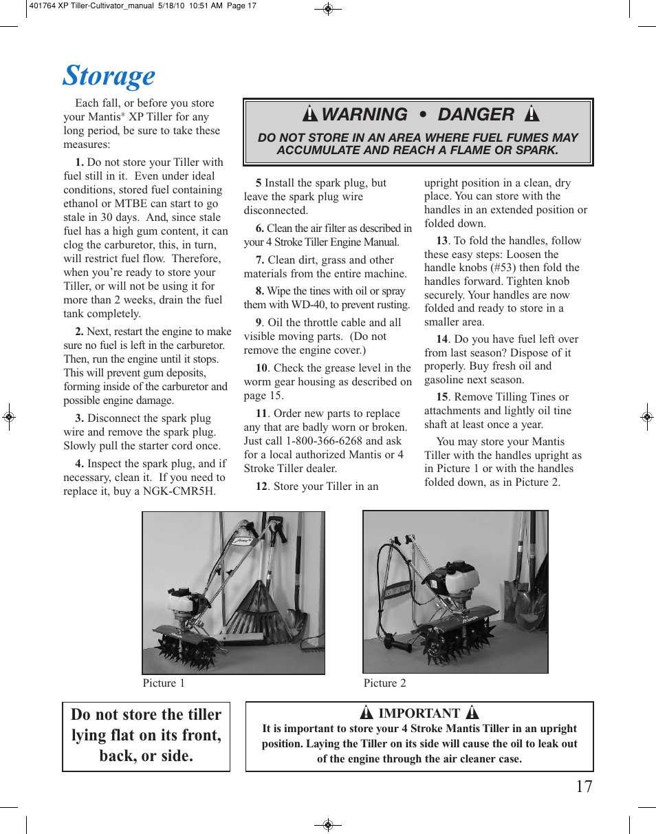 Storage, Warning • danger | Mantis CULTIVATOR 401764 XP User Manual | Page 17 / 20