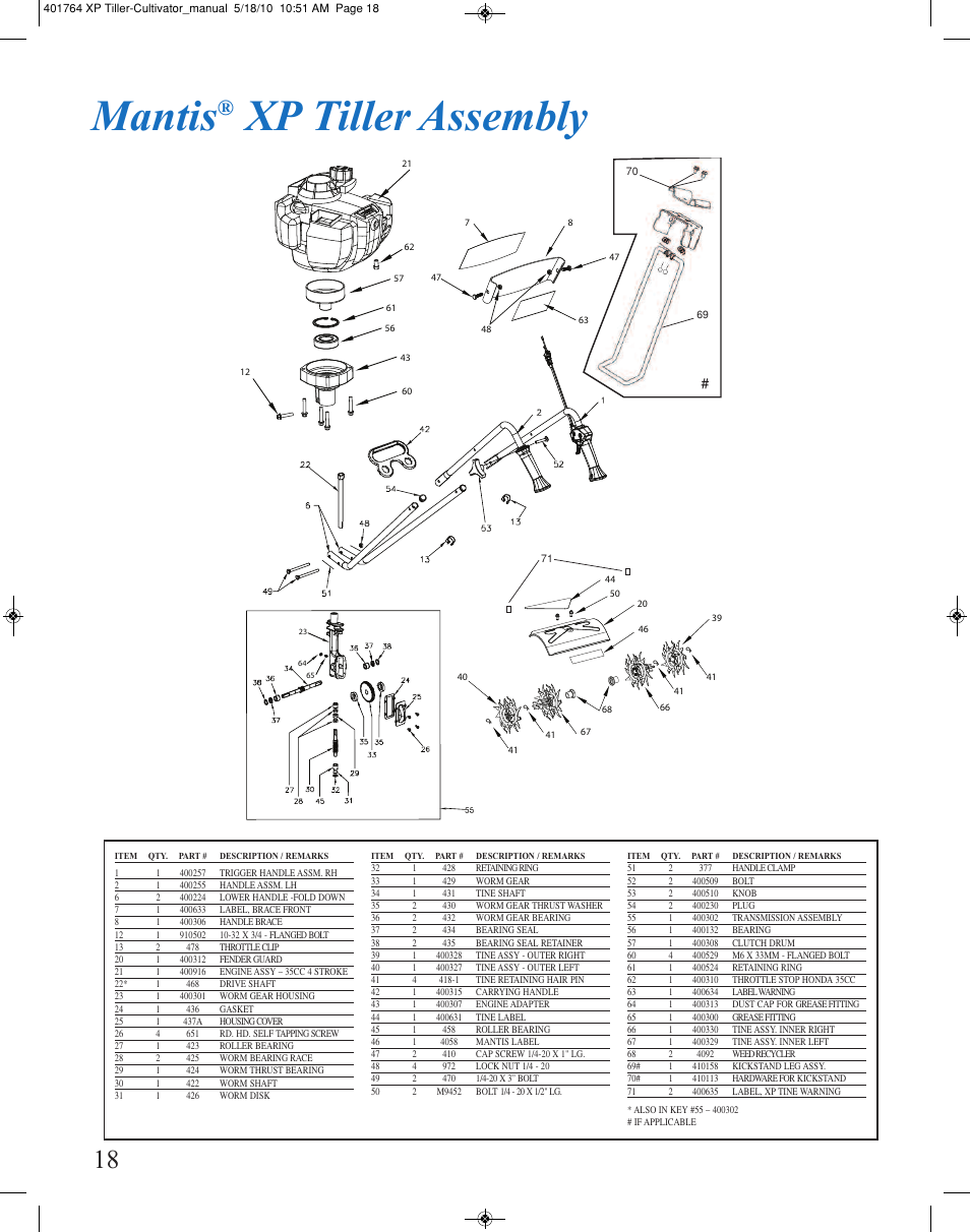 Mantis, Xp tiller assembly | Mantis CULTIVATOR 401764 XP User Manual | Page 18 / 20