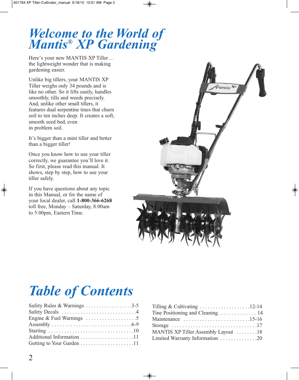 Mantis CULTIVATOR 401764 XP User Manual | Page 2 / 20