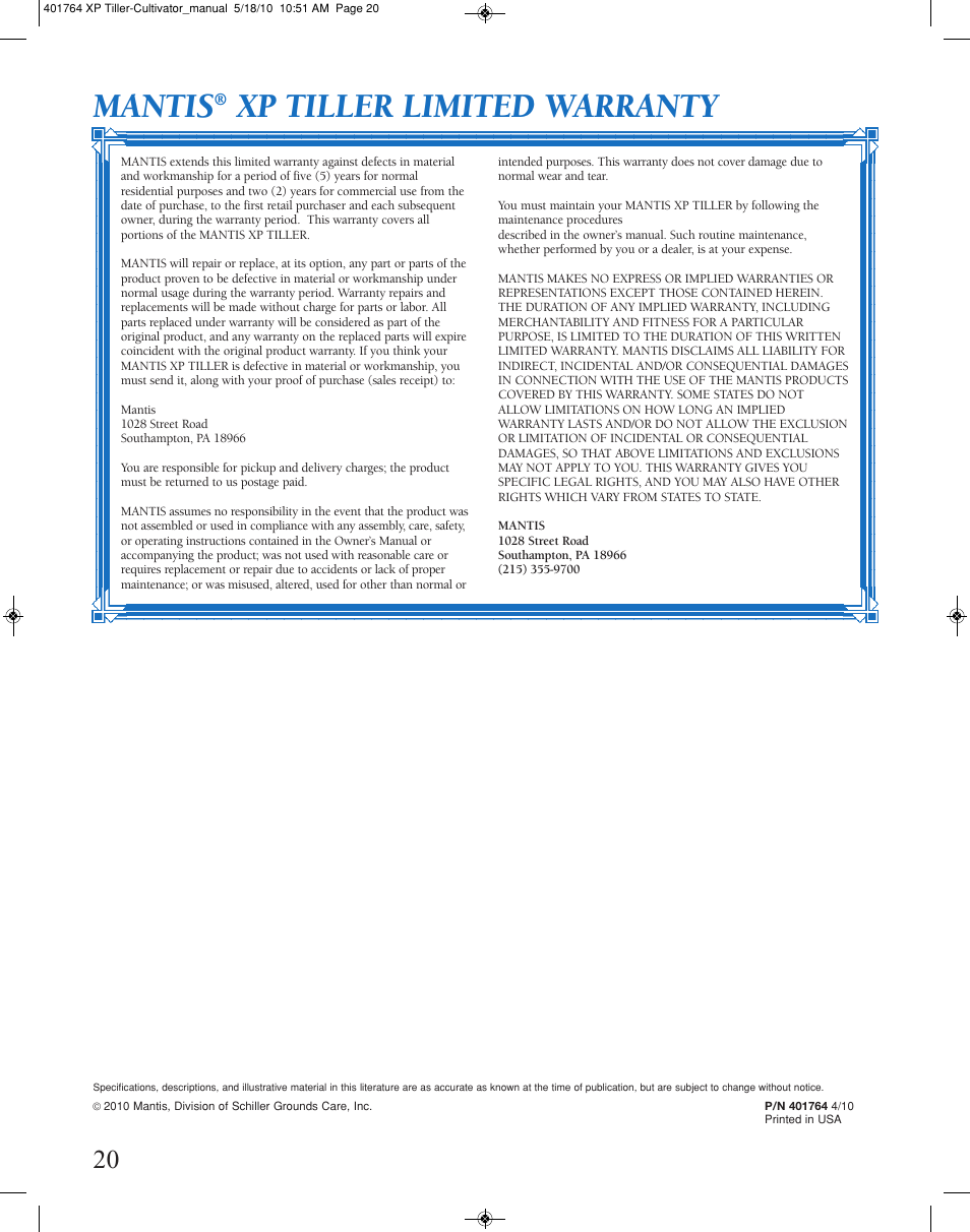 Mantis, Xp tiller limited warranty | Mantis CULTIVATOR 401764 XP User Manual | Page 20 / 20