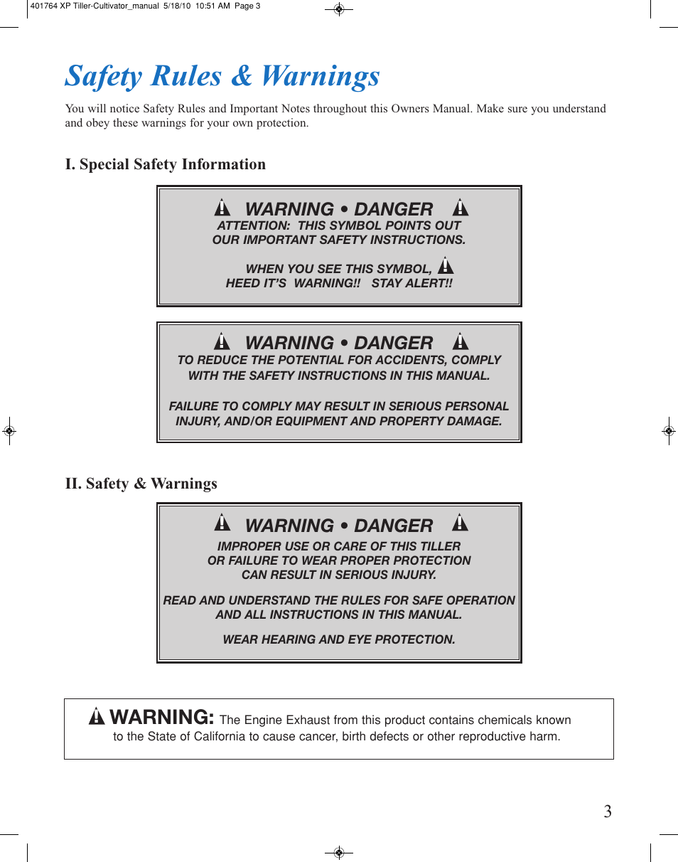 Safety rules & warnings, Warning, Warning • danger | Mantis CULTIVATOR 401764 XP User Manual | Page 3 / 20