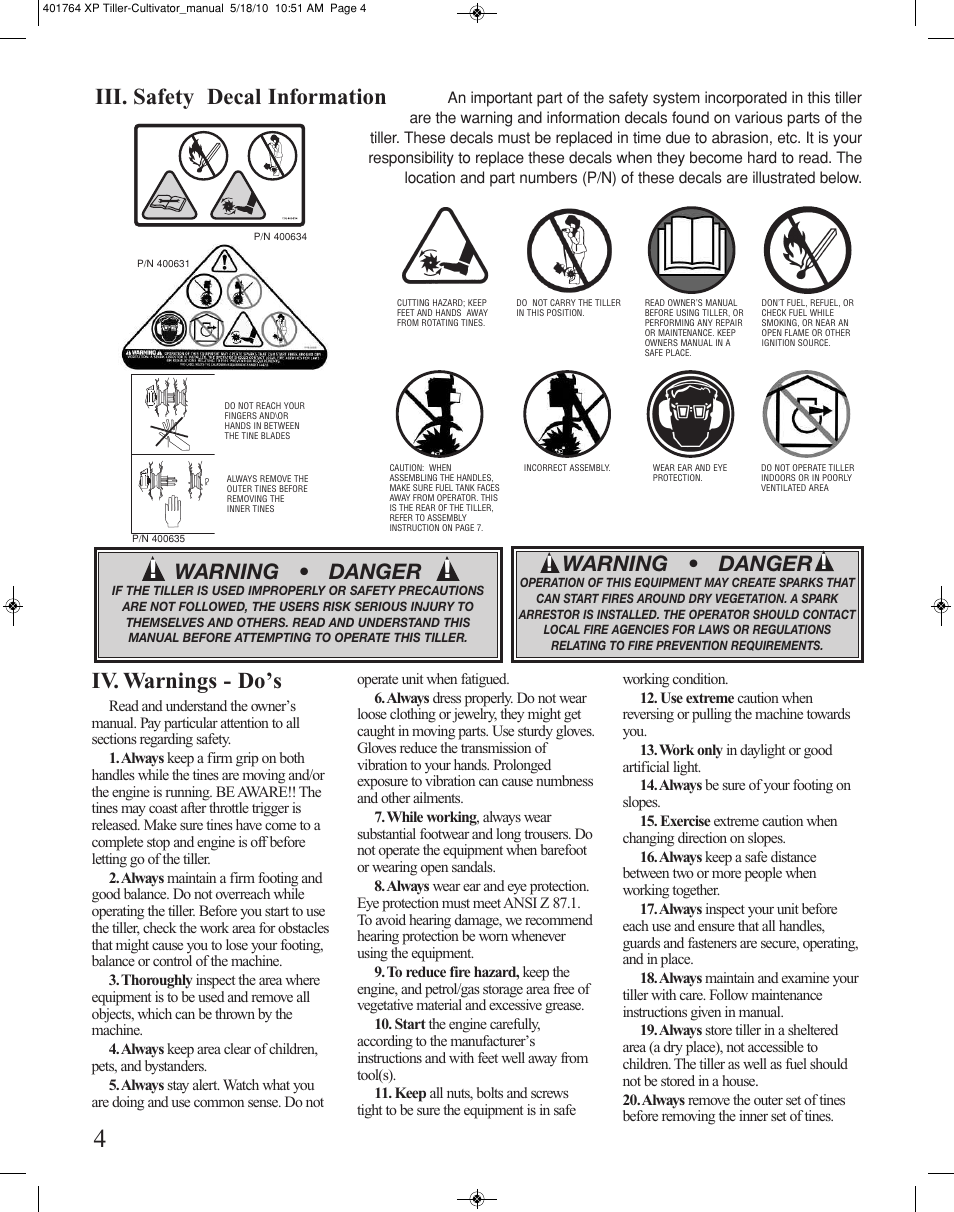 Iii. safety decal information, Iv. warnings - do’s, Warning • danger | Mantis CULTIVATOR 401764 XP User Manual | Page 4 / 20