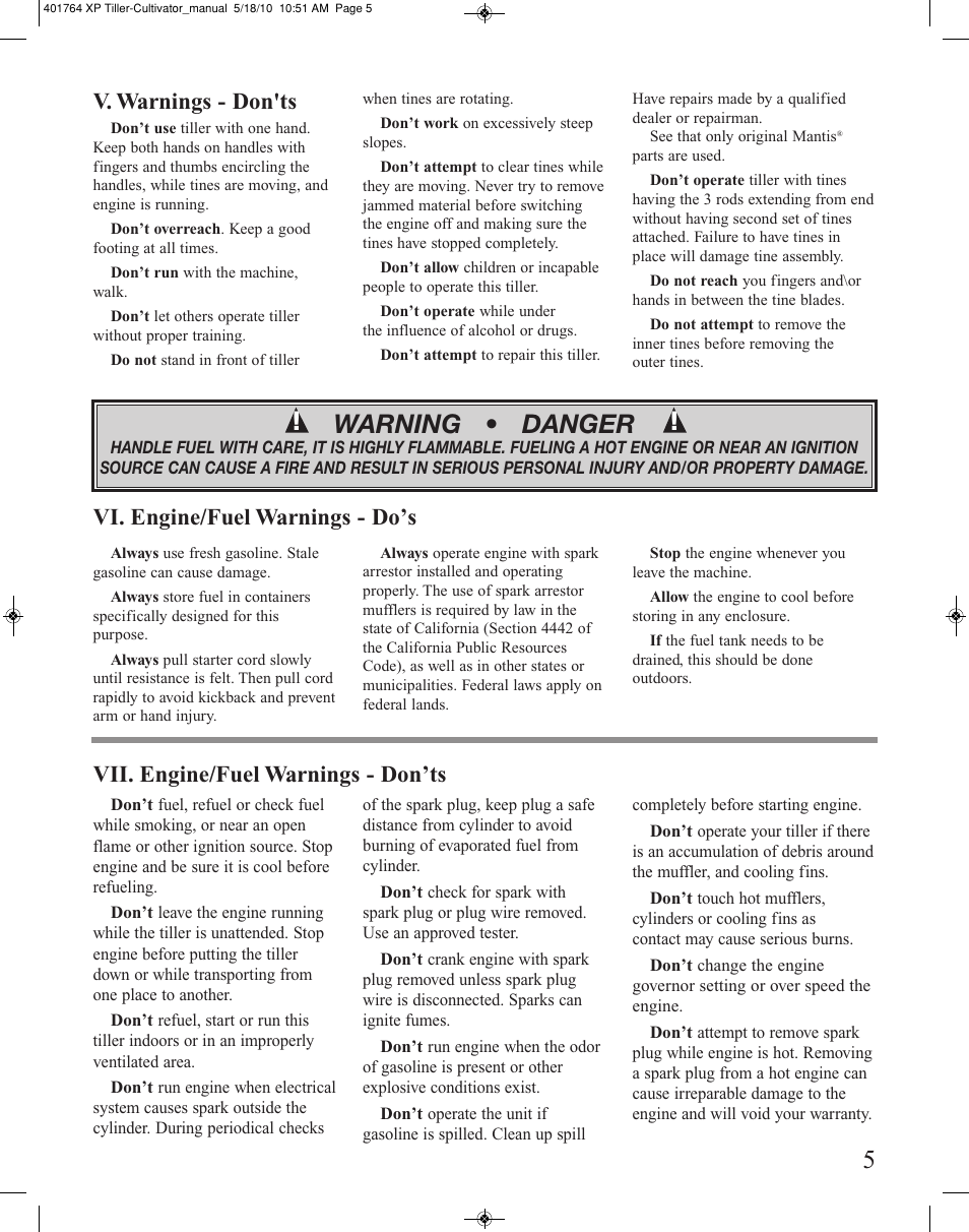 Warning • danger, V. warnings - don'ts | Mantis CULTIVATOR 401764 XP User Manual | Page 5 / 20