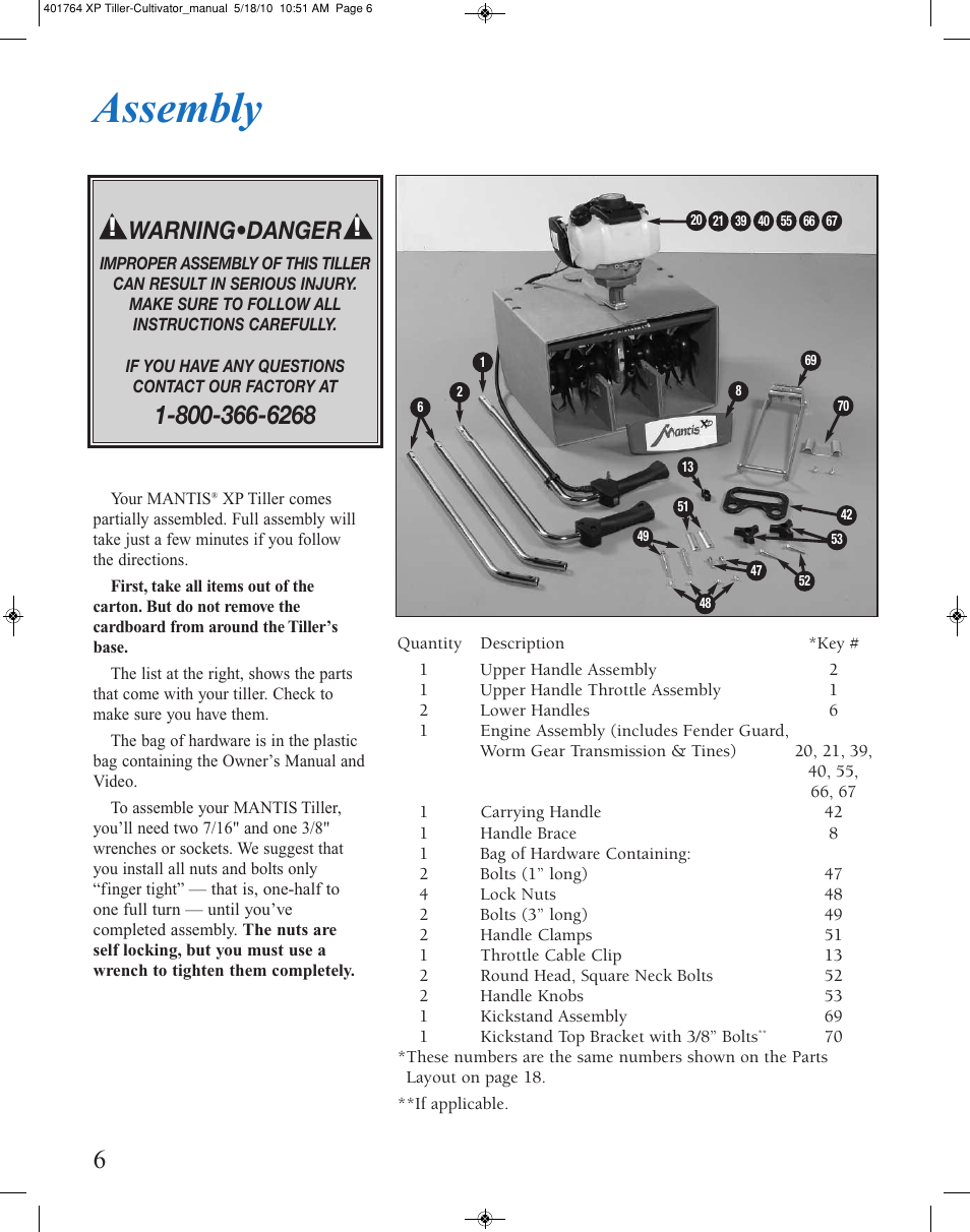 Assembly, Warning•danger | Mantis CULTIVATOR 401764 XP User Manual | Page 6 / 20