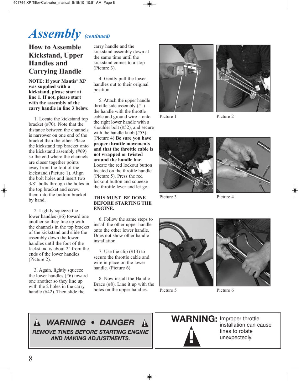 Assembly, Warning, Warning • danger | Mantis CULTIVATOR 401764 XP User Manual | Page 8 / 20